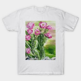 cactus painting with pink flowers T-Shirt